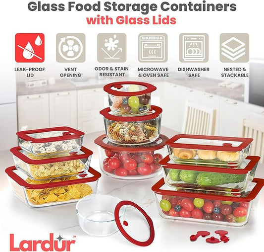 Glass Food Storage Containers with Glass Lids 3 Pack - Rectangle Meal Prep Food Container Set with Airtight Lids - Microwave & Dishwasher Safe 100% Plastic Free, Vented Gift Packaged, Red Color