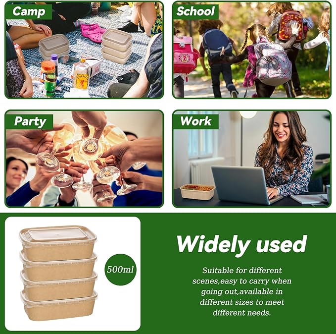 50-Pack 35oz Disposable Kraft Paper Bowls【with Lids and Forks】, Large Meal Prep Containers Paper Salad Bowls, Leakproof Food Containers Treat Soup Serving Bowl, Microwave Safe for Hot/Cold Food