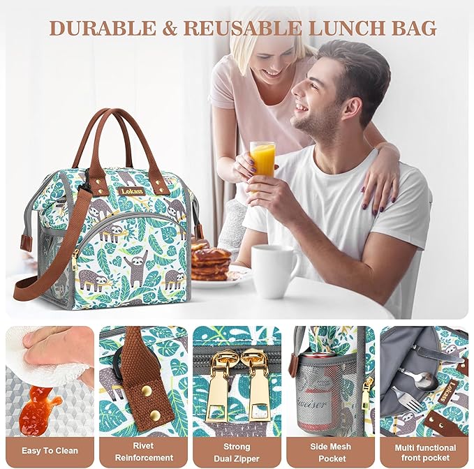 LOKASS Lunch Bag Insulated Lunch Box Wide-Open Lunch Tote Bag Large Drinks Holder Durable Nylon Snacks Organizer with Removable Shoulder Strap for Women Men Adults Work Outdoor,Sloth