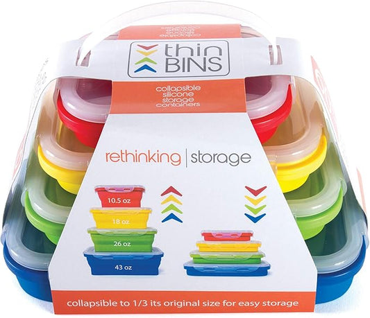 Thin Bins Collapsible Containers – Set of 4 Rectangle Silicone Food Storage Containers – BPA Free, Microwave, Dishwasher and Freezer Safe