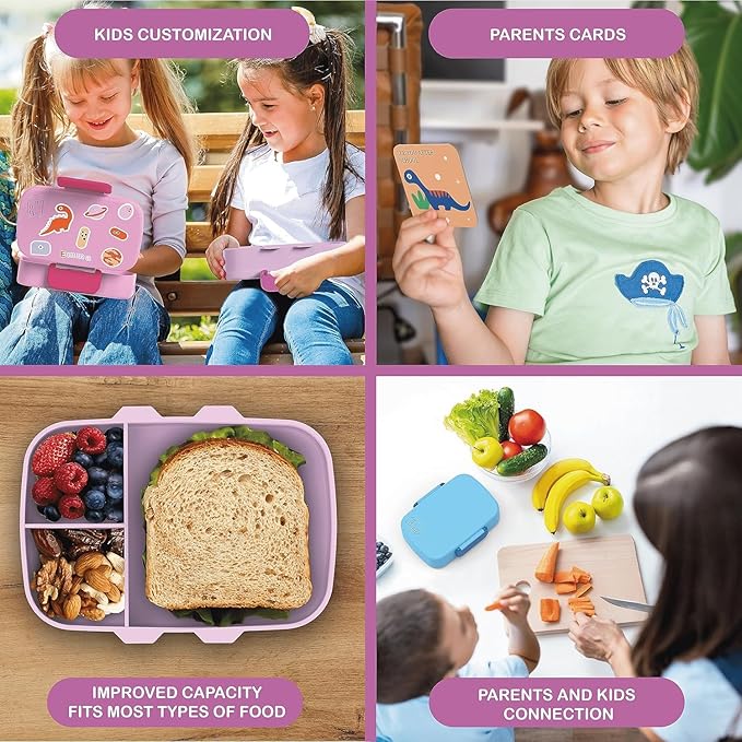 Kids Bento Lunch Box For Boys and Girls With Free Cutlery Set, 6 Sticker Sheets (5+ Years) and Parent Cards - 880 ML Leakproof 3 Compartment Lunch Box for kids, Portion Control Bento Box Kids - Lilac