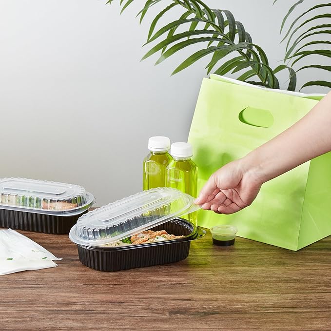 RW Base 32 Ounce Meal Prep Containers, 50 Microwavable To Go Containers With Lids - Disposable, Freezable, Black Plastic Oval Food Containers, Pack Hot And Cold Food, For Takeaway - Restaurantware