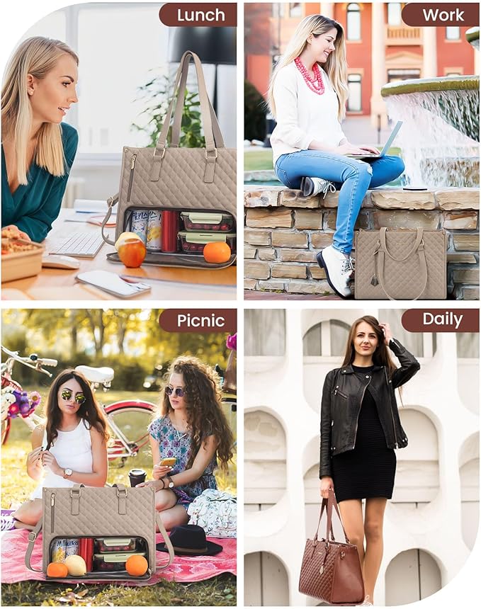 LOVEVOOK Lunch Tote Bag for Women, 15.6 Inch Laptop Bag with Insulated Lunch Compartment, Quilted Large Capacity Computer Handbag with Purse for Business, Work, Collage, Office, Casual, Clay pink