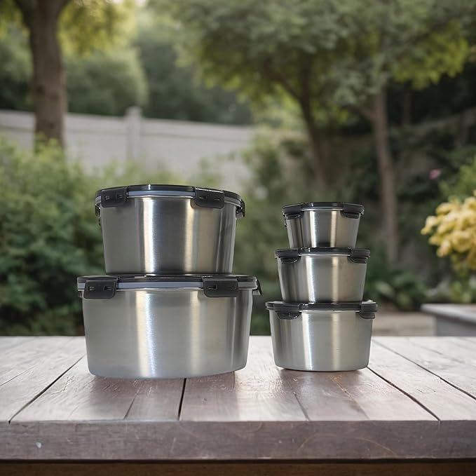 Stainless steel food storage containers leak proof & airtight lids for Kitchen,stainless steel bowl,meal prep lunch box,freezer and microwave safe (5-piece)