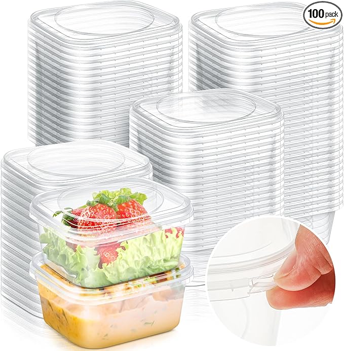 100 Pack 8 oz Tamper Proof Containers with Lid Square Deli Containers Plastic Sandwich Tiramisu Container with Lids Airtight Meal Container for Kitchen Storage