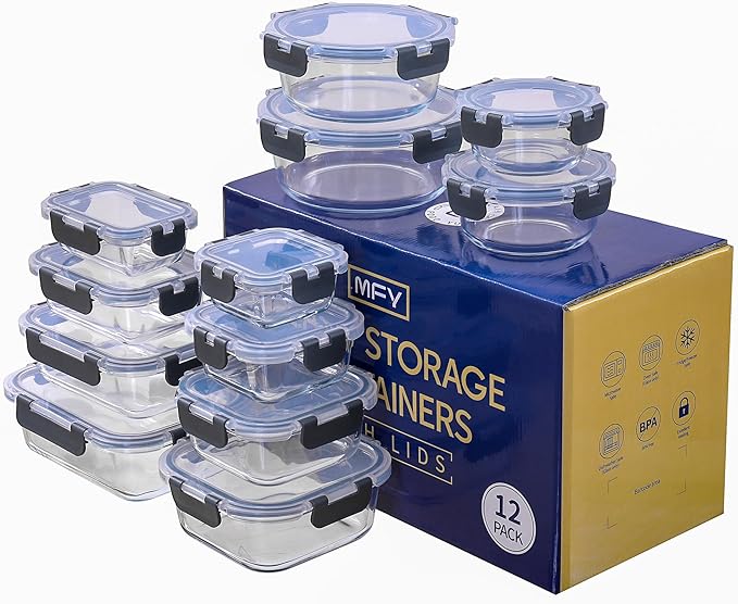MFY 12-Pack Glass Storage Containers with Lids, Glass Meal Prep Containers Set, Airtight Lunch Containers with Lids, Microwave, Oven, Freezer and Dishwasher Safe, Gray