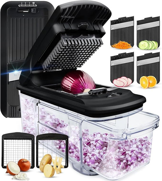 Fullstar All-in-1 Vegetable Chopper and Mandoline Slicer for Kitchen - Cheese Grater, French Fry Cutter, Cheese Slicer - Bonus Handheld Spiralizer Included (4 in 1, Black)
