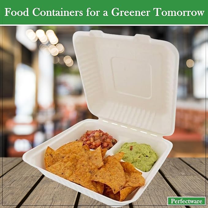 100% Compostable 3 Comp Take Out Food Containers 9x9. 25 Containers, Natural Disposable Bagasse, Eco-Friendly Biodegradable Made of Sugar Cane, Green (PW3comptbagasse-25ct)