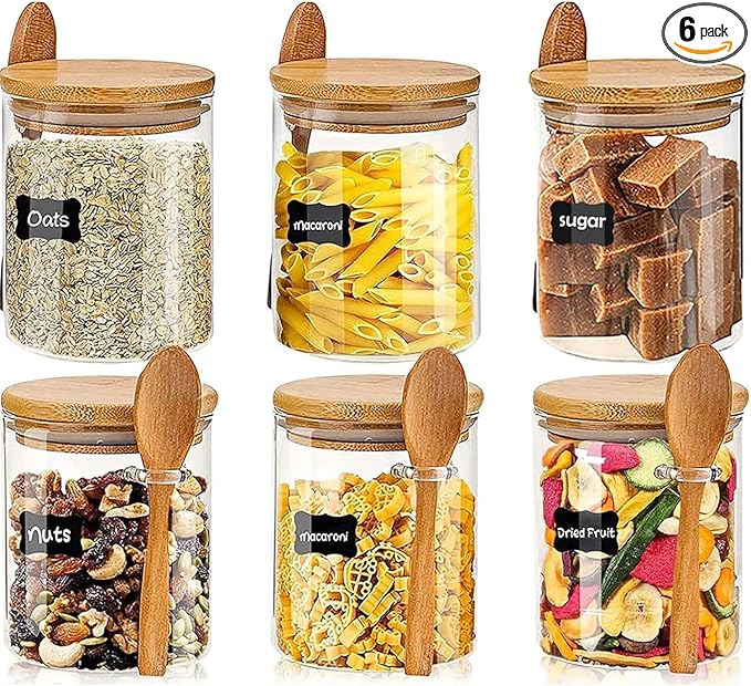 6 Pack 18.2 oz Overnight Oats Containers with Lids,Sealed Borosilicate Glass Jars with Bamboo Lid and Spoon,Clear Food Storage Jar for Kitchen,Candy, Spices, Coffee Beans,Cookies, salad, Oats, Flour
