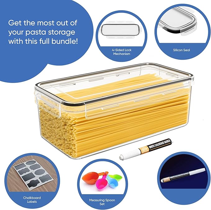 Airtight Food Storage Containers with Lids (Set of 4/3.6 Liters Each), Plastic Spaghetti Container for Pasta & Dry Food Storage, BPA Free Pantry Organizer Set with Kitchen Accessories