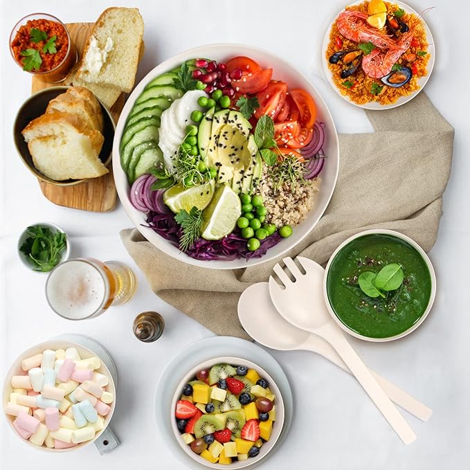 ShineMe Salad Bowl Set, 9.8inches Large Salad Bowl with Lid, Bamboo Salad Serving Bowl with 4pack Small Snack Bowls and Servers(Fork & Spoon) for Mixing Salad, Vegetables and Pasta(White)