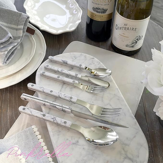 6-Piece Stainless Steel Flatware Silverware Cutlery Set - Color Handle with Rivet/Retro Style - Includes Dinner Knife; Dinner Fork; Salad Fork; Soup Spoon; Teaspoon; Spreader (MARBLE)