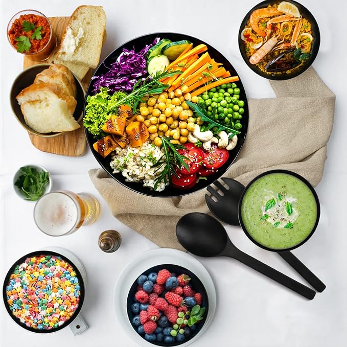 ShineMe Black Salad Bowl Set, 9.8inches Large Bamboo Fiber Salad Bowl With Lid and Utensils(Spoon & Fork), Solid Mixing Bowl For Serving Pasta, Fruits, Vegetables, Bread and Chips