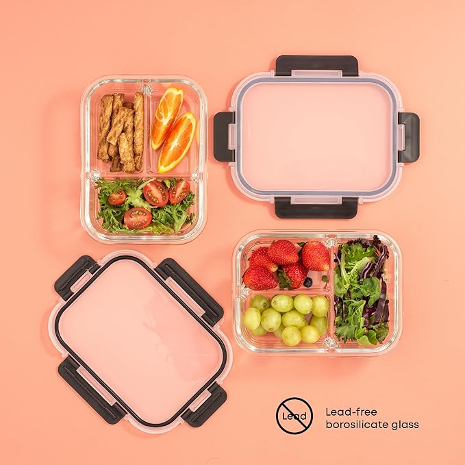 JoyJolt Divided 3 Compartment Glass Meal Prep Bento Box Set. 5 Pack Airtight Food Storage Containers with Lids for Portion Control and Weight Loss