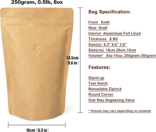 250g / 8oz / ½lb Kraft Paper Stand Up Coffee Bag Pouch. Round Bottom, Zip Lock, Degassing Valve and Heat Seal-able. Pack of 10