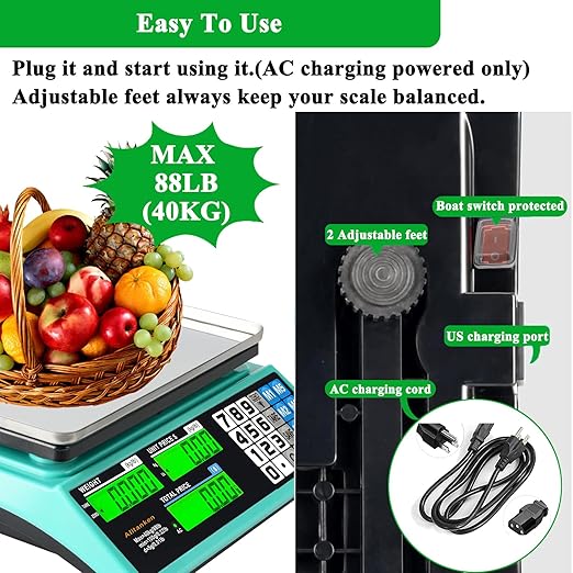 88lb/40kg Digital Price Computing Scale - Commercial Food Scale with Dual LCD Displays, Counting Feature, and Reversed Platter for Farmers Market, Retail, Deli, and Meat Weighing
