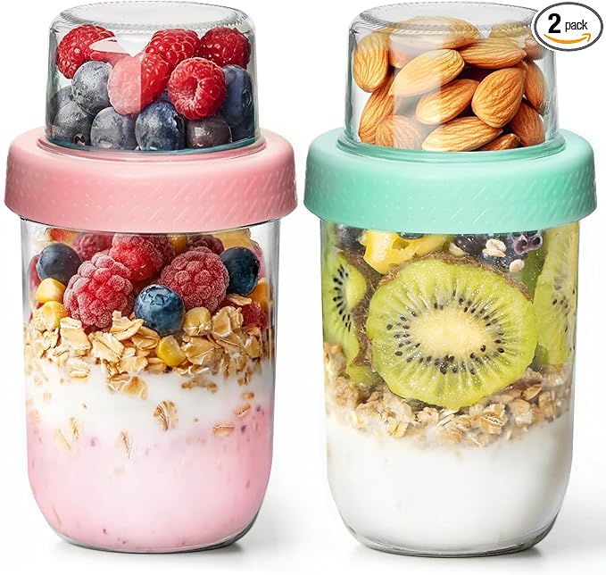 ComSaf 2-Pack 16 oz Overnight Oats Containers with Lids, Dual-Laryer Chia Pudding Jars with Dry and Wet Separation, Yogurt Parfait Cups for Oatmeal Cereal Nut Fruit, Meal Prep Glass Jars for Salad