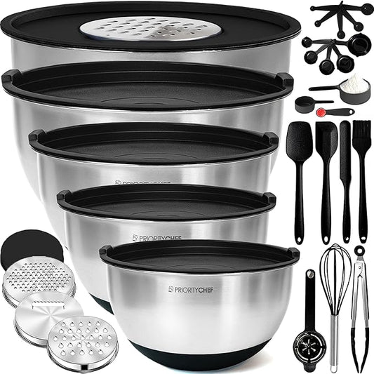 Priority Chef 28Pc Stainless Steel Mixing Bowls with Lids Set, Non-Slip Base, Air Tight Lids, 3 Graters and Utensil Set, Large Metal Nesting Bowls for Kitchen, Black