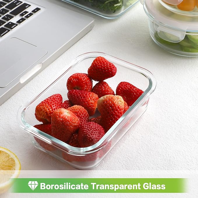 HOMBERKING Glass Food Storage Containers with Lids, [18 Piece] Glass Meal Prep Containers, Airtight Glass Lunch Bento Boxes, BPA-Free & Leak Proof (9 lids & 9 Containers) - Pink