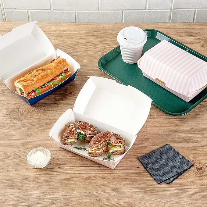 Restaurantware Bio Tek 6.7 x 3.5 x 3.5 Inch Clamshell Food Containers 100 Disposable Sandwich Containers - Hinged Lid Tab-Lock Closure Pink And White Paper Hot Dog Containers Greaseproof