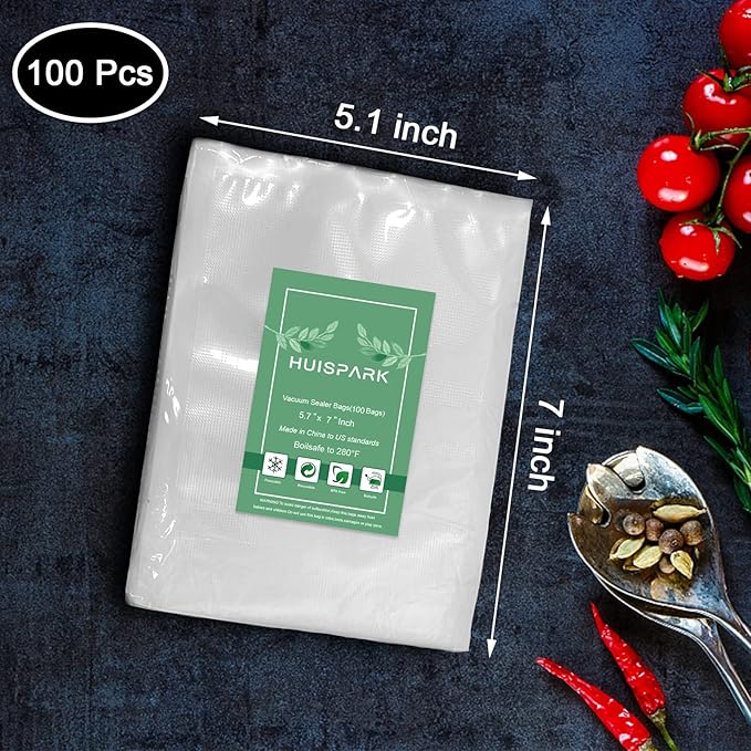 Vacuum Sealer Bags, 5.1" x 7" 100Pcs Food Vacuum Sealer Bag, Heavy Duty, Puncture Prevention, Boilsafe, Freezable, BPA Free, Commercial Grade, Fit Airtight Food Storage Sous Vide