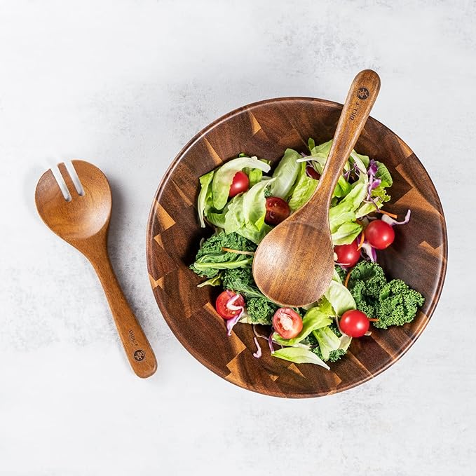 BF BILL.F SINCE 1983 Wooden Salad Bowl 12'' Acacia Wood Salad Bowls Set Large Salad Serving Bowl for Fruits Mixing Bowl with Servers-3-Piece Big Salad Bowl Set
