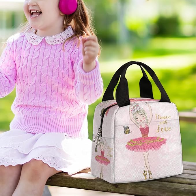 Pink Cute Ballet Dancer Girl Durable Insulated Lunch Box for Women Men Boy Girl Adult Lightweight Leakproof Thermal Cooler Reusable Lunch Bag for School Work Picnic Meal Prep Lunch Tote Bag