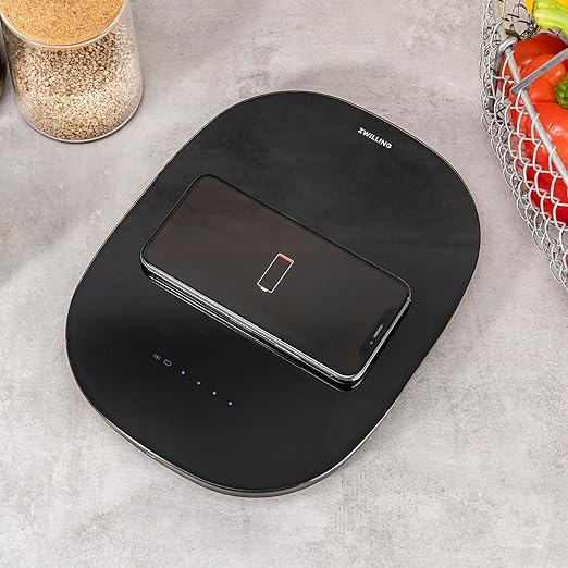ZWILLING Enfinigy 2-in-1 Digital Kitchen Food Scale, Wireless Charging Station, Max weight 22lbs, Grams & Ounces, .1-gram Accuracy, Black