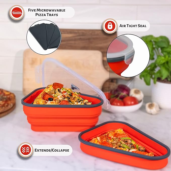 PIZZA PACK The Perfect Reusable Pizza Storage Container with 5 Microwavable Serving Trays - BPA-Free Adjustable Pizza Slice Container to Organize & Save Space, 2 Pack, Yellow, Red