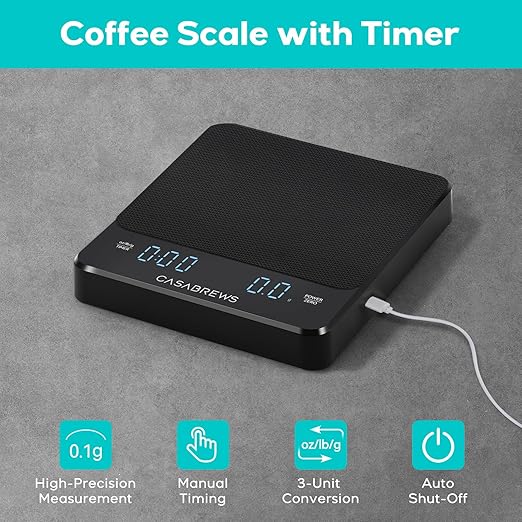 CASABREWS ZD216 Coffee Scale with Timer, 0.1g High Precision Mini Espresso Scale with Silicone Cover, Rechargeable Small Digital Kitchen Scale for Espresso and Pour-Over, LCD Display, 6.6lbs/3kg