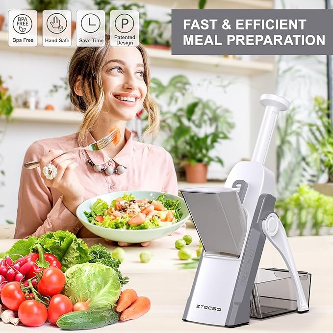 5 in 1 Safe Mandoline Slicer for Kitchen, Safe Vegetable Chopper with Paring Knife, Adjustable Thickness, Easy to Clean, Vegetable Slicer, Slicing, Strips, Shredding, Dicing, Chop (LightGray)