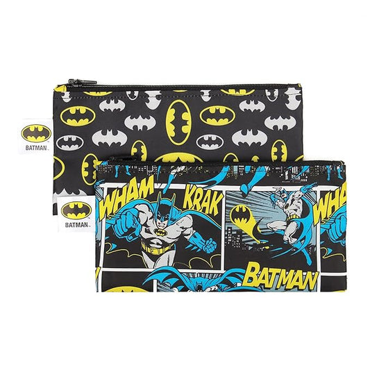 Bumkins Reusable Snack Bags, for Kids School Lunch and for Adults Portion, Washable Fabric, Waterproof Cloth Zip Bag, Supplies Travel Pouch, Food-Safe, 2-pk Batman DC Comics