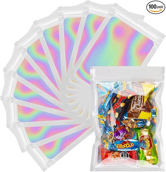 100 Pcs Reusable White Aluminium Foil & Polyethylene Holographic Bags with Clear Window & Self Seal Closure, 5.5x8Inch, Smell Proof & Leak Resistant Food Storage & Packaging Bags