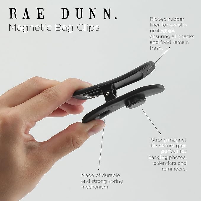 Rae Dunn Bag Clips with Magnet - Food Clips, Chip Clips, Bag Clips for Food Storage with Air Tight Seal Grip for Bread Bags, Snack Bags and Food Bags, Pack of 10, Black