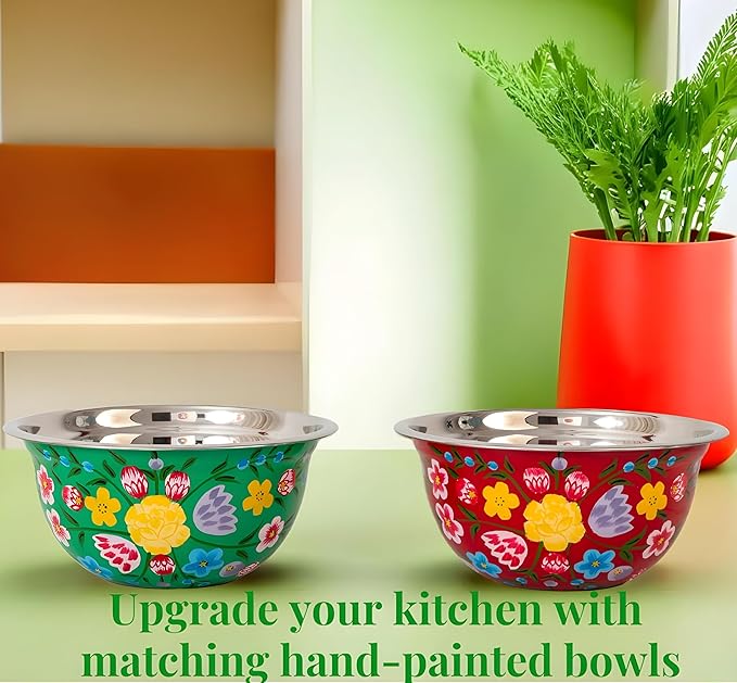 Large Hand Painted Stainless Steel Fruit Bowl - Decorative Floral for Salad Mixing and Serving - Traditional Kashmiri Art for Home Decor (Green.)