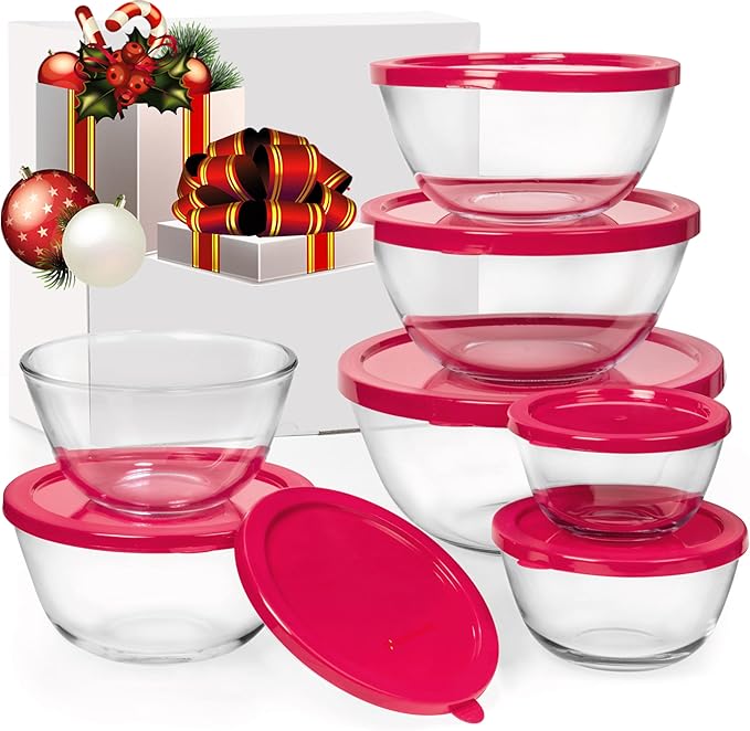7 Stackable Space-Saving Nesting Glass Bowls with BPA Free Lids for Foodprep, Storage, Baking, Mixing & Cooking, Microwave Safe - Durable Inert Borosilicate Glass