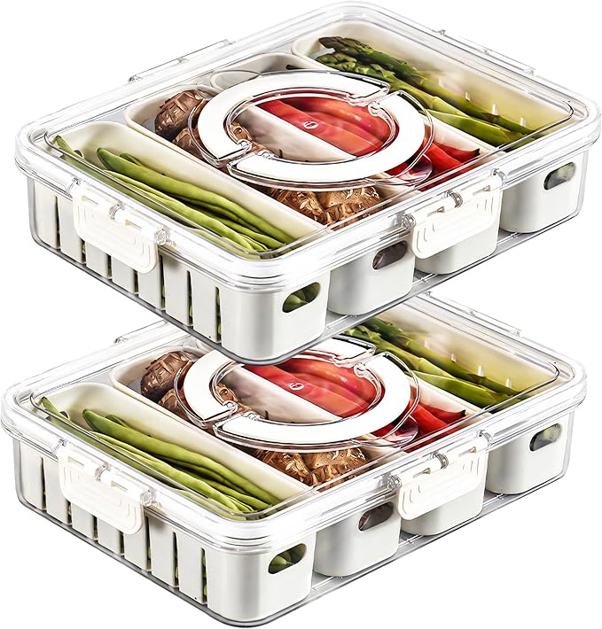 2Pack Divided Veggie Tray with Lid and Handle 4 Compartment Serving Tray with Dividers Portable Travel Snack Storage Containers Stackable Snackle Box Charcuterie Container for Fruit,Vegetable,Salad
