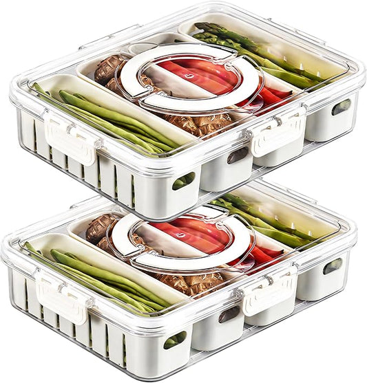 2Pack Divided Veggie Tray with Lid and Handle 4 Compartment Serving Tray with Dividers Portable Travel Snack Storage Containers Stackable Snackle Box Charcuterie Container for Fruit,Vegetable,Salad