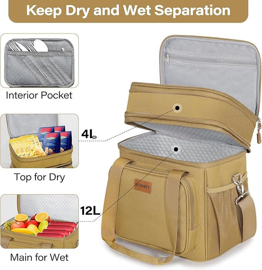 GLENKEY Expandable Large Lunch Box, Insulated Heavy Duty Lunch Bag Waterproof Leakproof Durable Cooler Bag for Men Women Adults Work Construction Camping Trip, 16L, Brown
