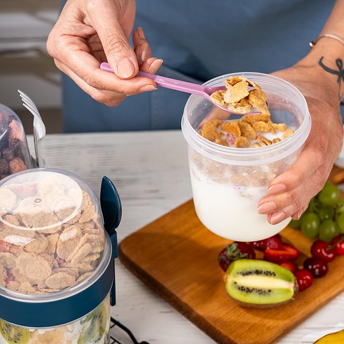 4 Pack On The Go 22 oz Breakfast Cups with Lids and Spoon, Reusable Cereal Yogurt Cup with Topping Plastic Overnight Oats Container for Granola Oatmeal (37 oz - Navy Blue - 4 Pack)