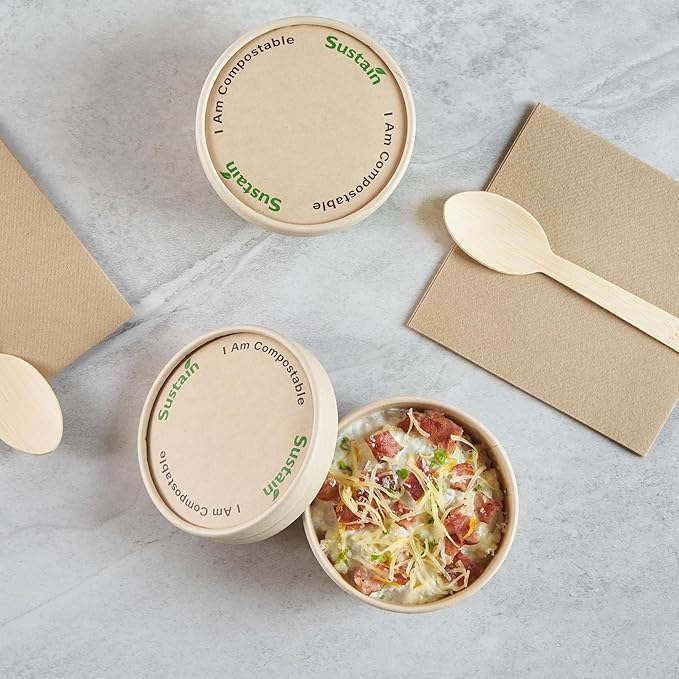 LIDS ONLY: Sustain Round Paper Soup Container Lids, 200 Disposable Ice Cream Cup Lids - Cups Sold Separately, For 8 Ounce Cups, Bamboo To Go Cup Lids, With PLA lining, Compostable - Restaurantware
