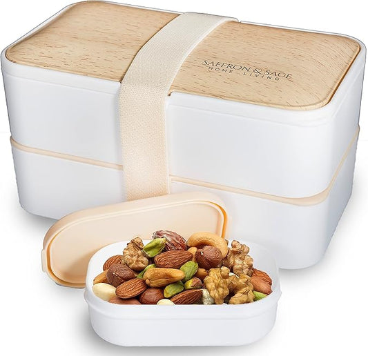 Saffron & Sage Bento Lunch Box - 42oz White Japanese style Bento Box for Adults or Kids with Cutlery, Chopsticks, Sauce Container and Bento Bag - Leak proof, Dishwasher, Freezer, Microwave safe