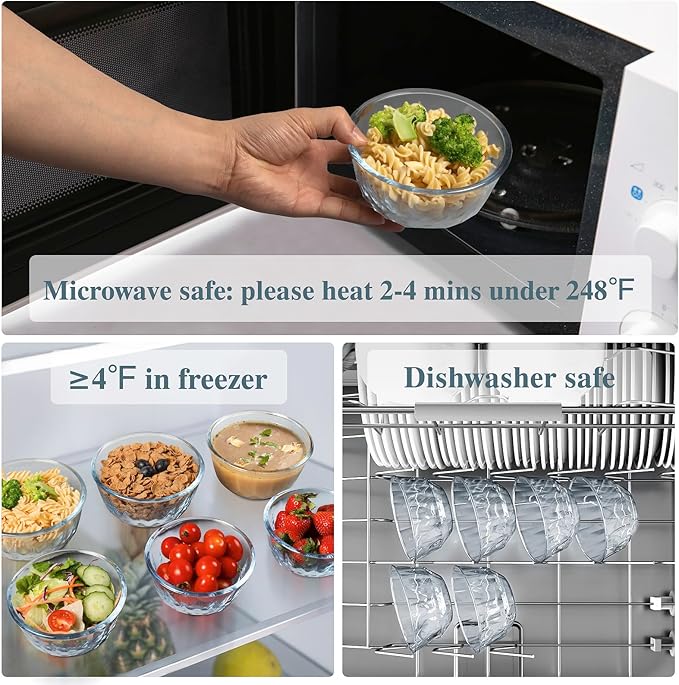 Freshmage 6 Pack Soup/Cereal Bowl Set, Extra Thick and Anti Resistant, 16oz Round Glass Diamond Cutting Kitchen Bowls, Microwave/Freezer/Dishwasher safe