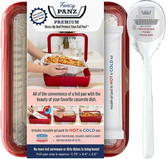 Fancy Panz Premium, Serving Tray for Food, Made in the USA Foil Pan Carrier, Stackable Aluminum Pan Holders, Travel Casserole Carrier, Red