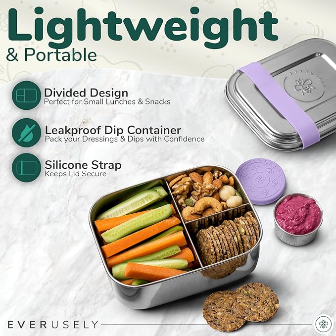 Everusely - Bento Box for Kids - Lavender, 6.5x4.7 / 27oz - Stainless Steel Lunch Box w/Leakproof Condiment Container - 3 Compartment Snack Box for School, Office Meals - Freezer & Dishwasher Safe