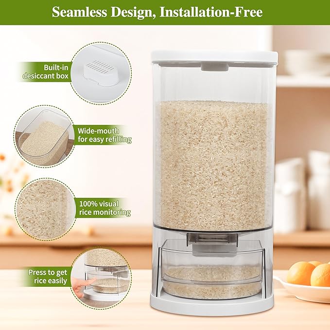 Rice Dispenser, 22 Lbs Rice Storage Container with Measuring Cup, BPA-Free Rice Holder for Kitchen Pantry Organization (Clear, 22lb)