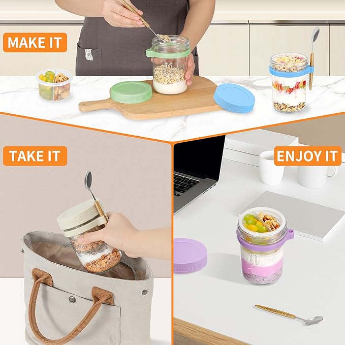 6 Pack Overnight Oats Containers with Lids and Spoons, 16 oz Mason Jars with Removable Separate Compartments, Airtight and Leak-Proof Glass Jars for Chia Pudding, Yogurt, and Oatmeal