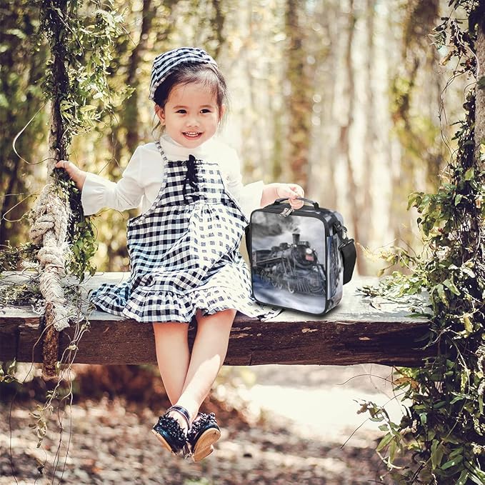 Express Locomotive Train Kids Lunch Box Vintage Train Insulated Lunch Bag Tote for Girls Boys Cooler Freezable Meal Prep Bag with Shoulder Strap Waterproof Lunch Container for School Office Picnic