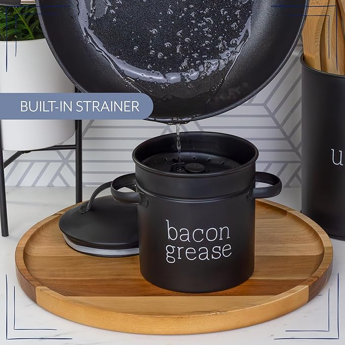 AuldHome Design Farmhouse Bacon Grease Container (Black), Enamelware Bacon Grease Can w/ Strainer, Vintage Style, Keto-Friendly