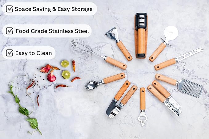 10-Piece Wooden Handle Kitchen Utensils Set, Stainless Steel Cooking Utensils Set, Ergonomic Design, Durable and Comfortable Grip With Knife Sharpener, Garlic Press, Can Opener, Pizza Cutter